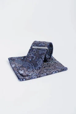 Cavani - Grau Navy Paisley Krawattenset